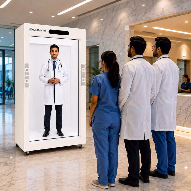 Life-size 3D hologram display showcasing a virtual model inside a retail store