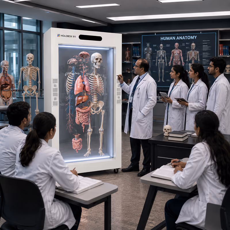 Interactive 3D digital-twin demo content displayed on a HoloBox