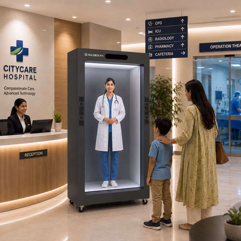 Life-size AI avatar hologram in a HoloBox greeting and guiding visitors