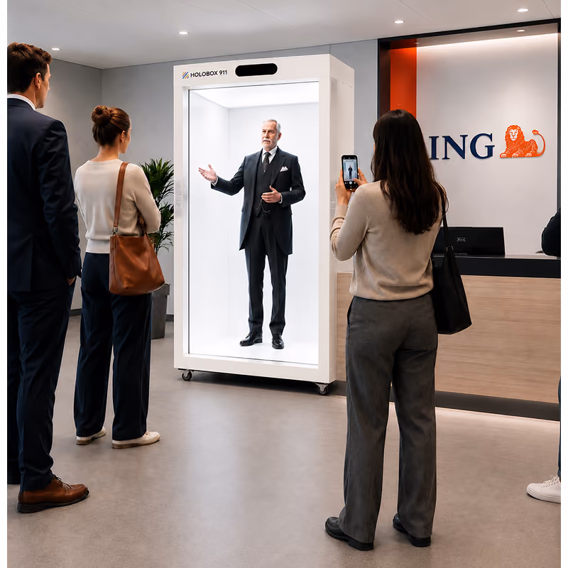 HoloBox911 enabling life-size holographic executive presentations for corporate receptions, banking, financial services, and business events.