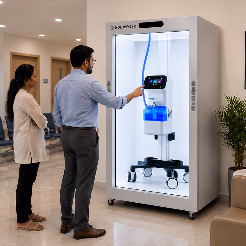 HoloBox911 presenting medical equipment as life-size 3D holograms for healthcare training, education, and product demonstrations.
