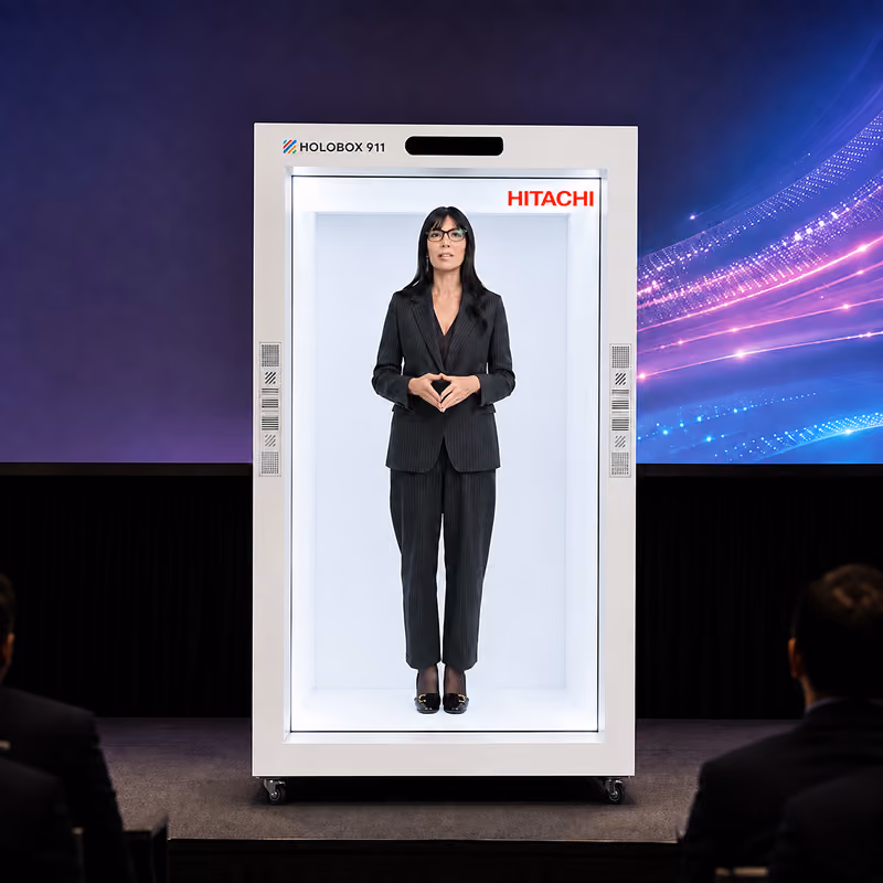 Life-size 3D hologram of Hitachi's leadership team streamed live through a HoloBox at the Hitachi HR Convention in New Delhi.