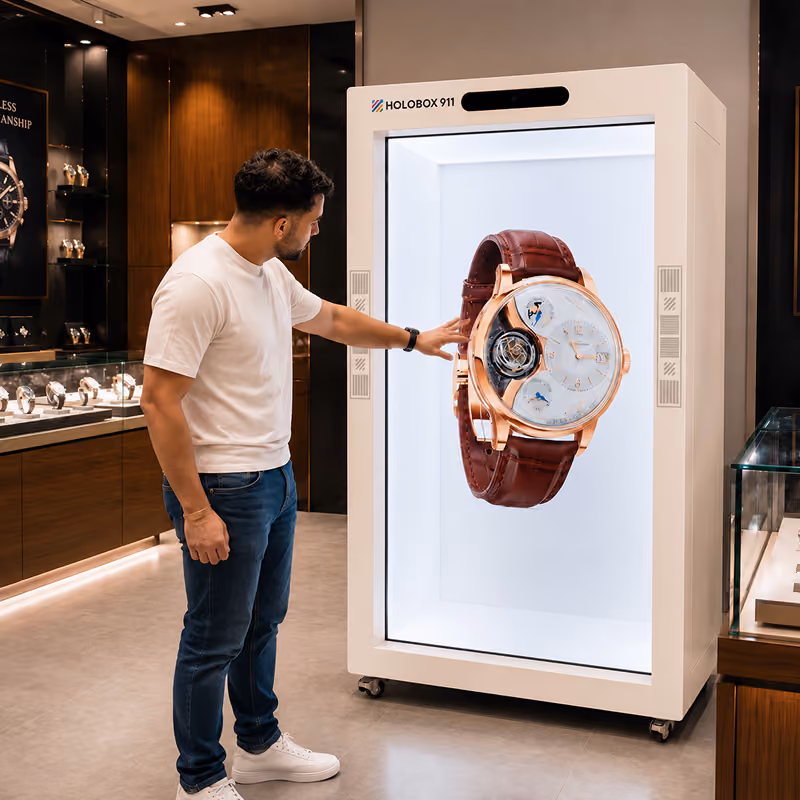 HoloBox911 HoloBox showcasing a life-size 360° holographic product demo, enabling customers to explore products interactively from every angle.