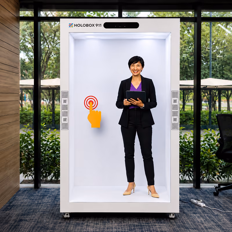 HoloBox911 featuring a touch-enabled interactive hologram that allows visitors to explore products, FAQs, and digital experiences through an intuitive interface.