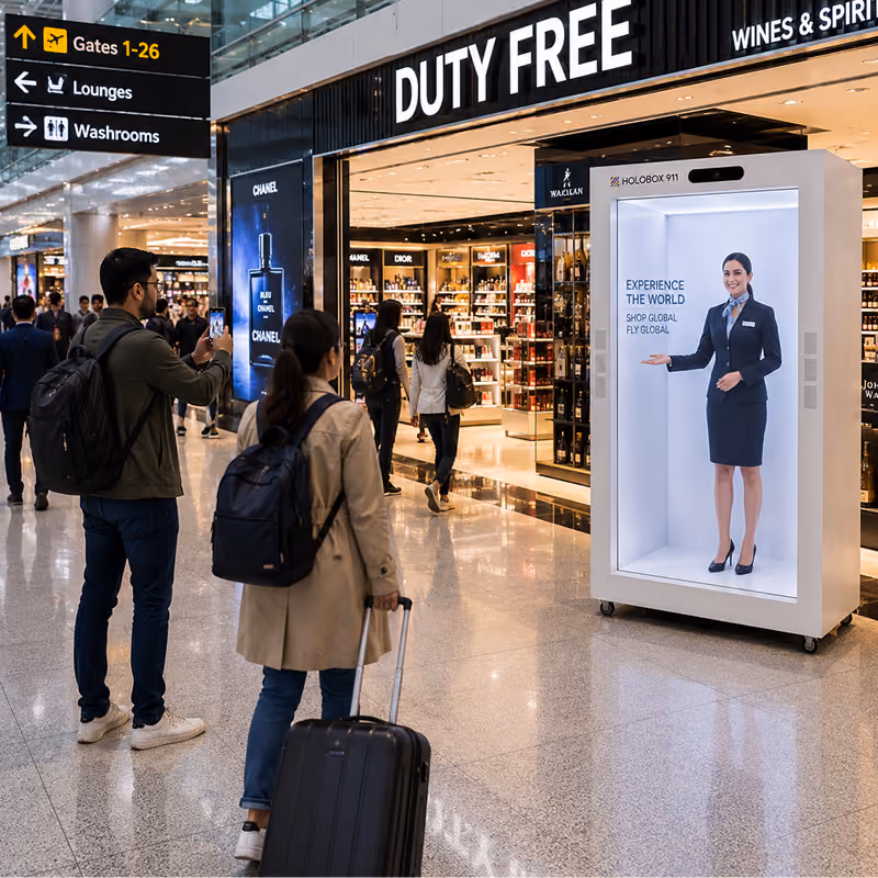 Life-size holographic presenter showcasing products to a live audience
