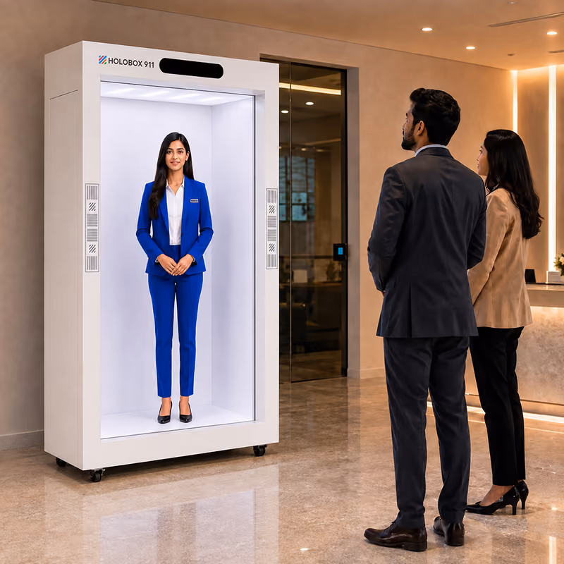 Life-size 3D hologram display showcasing a virtual model inside a retail store