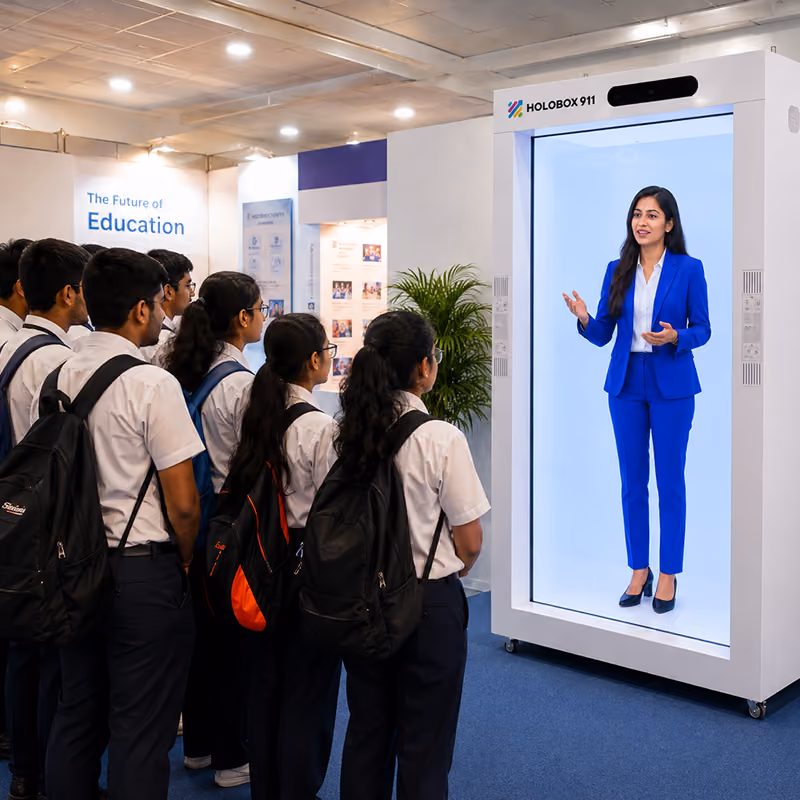 Life-size 3D hologram display showcasing a virtual model inside a retail store