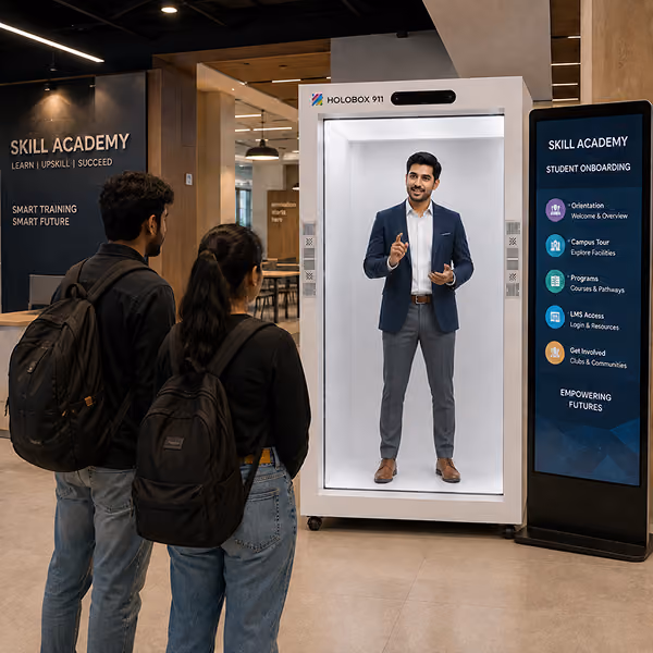 AI avatar hologram welcoming learners at the Maruti Suzuki Vendor Conference Smart Dojo Room