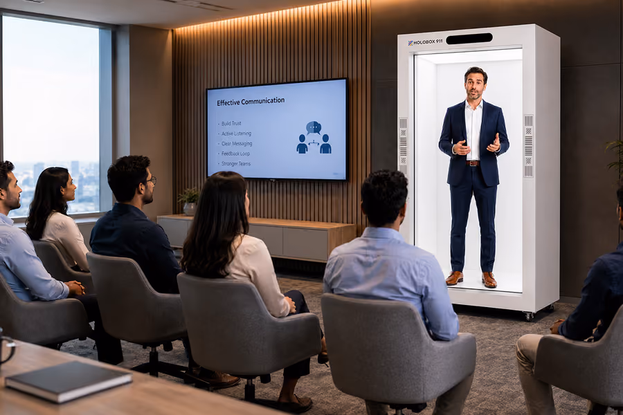Hologram presenter leading a training seminar in front of a seated audience