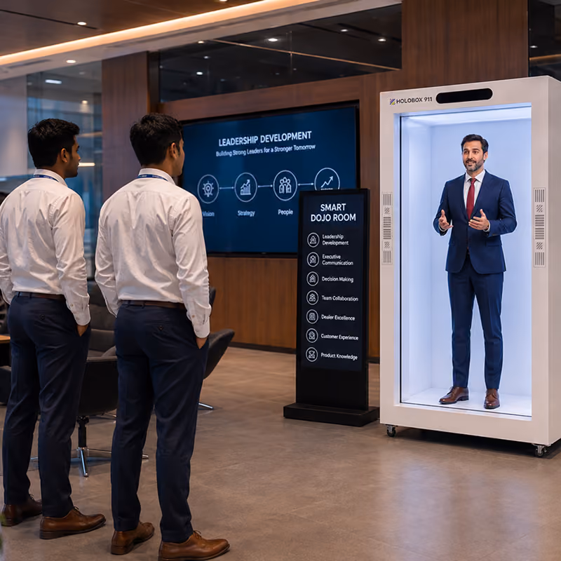 Life-size leadership hologram welcoming learners into the Smart Dojo Room