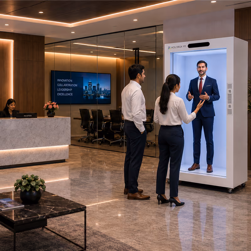 Life-size 3D hologram display in a corporate office reception area
