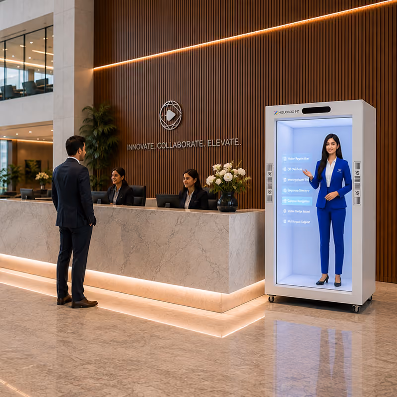 AI hologram receptionist assisting visitors in a corporate office
