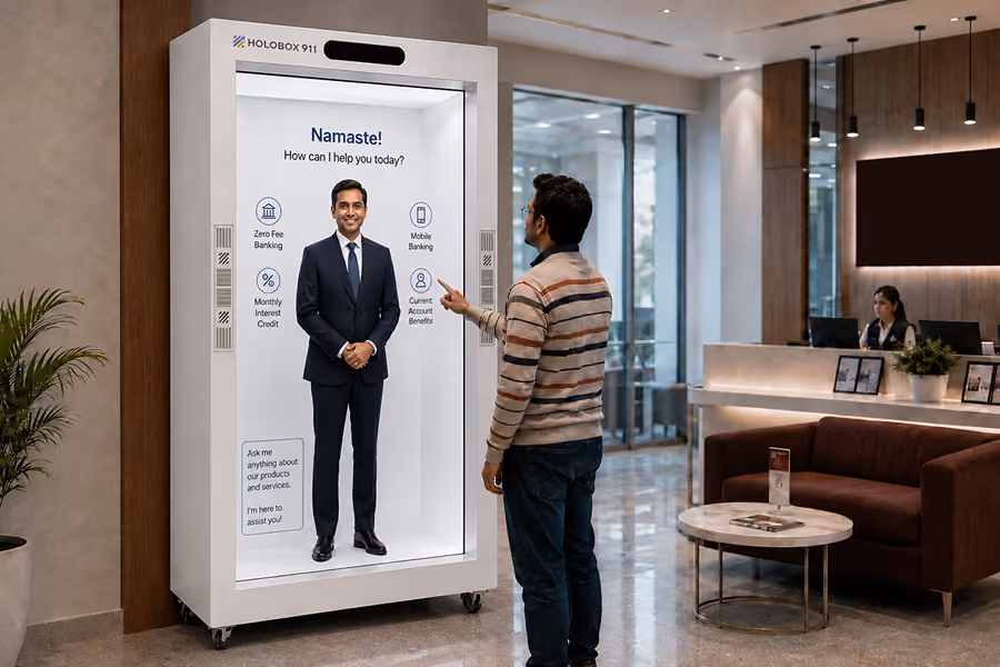 Corporate reception area with AI hologram concierge display