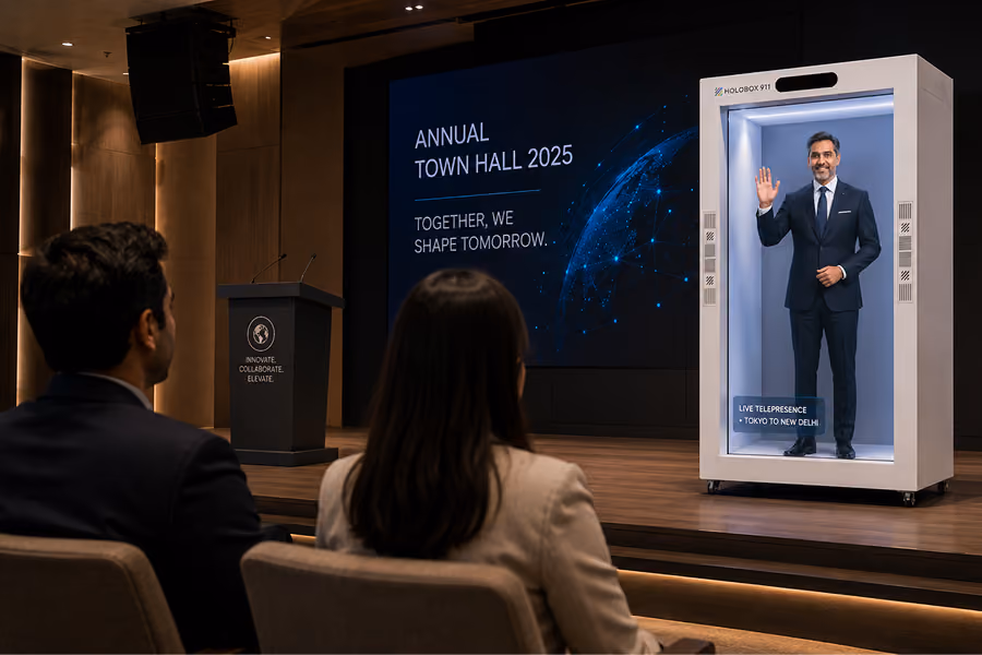 Executive delivering a live presentation using hologram telepresence technology