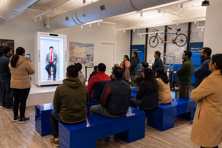 Interactive hologram display inside a corporate experience center and training facility