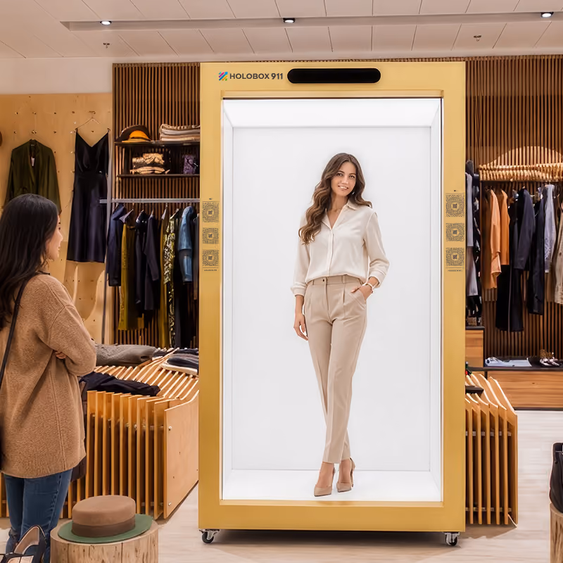 Life-size 3D hologram display in a corporate office reception area