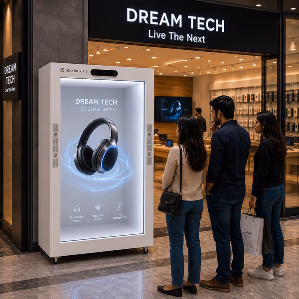 Brand campaign running as a holographic poster display in a storefront window on a HoloBox