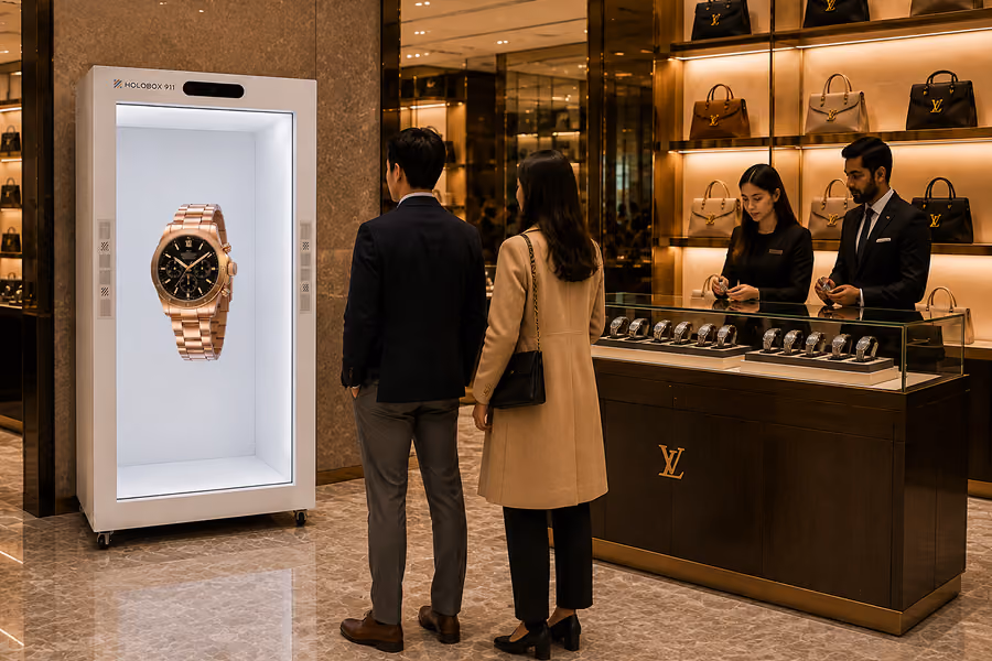 Life-size fashion hologram acting as holographic signage in an office atrium walkway