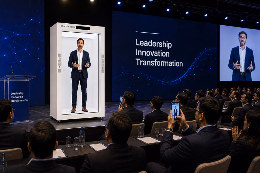 Live hologram telepresence beaming a presenter life-size onto an event stage