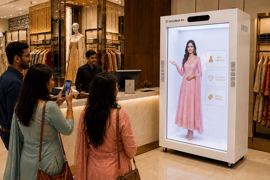 AI hologram sales assistant presenting products inside a HoloBox display