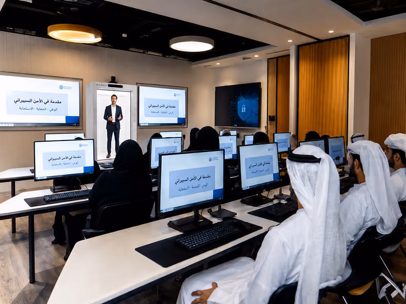 HoloBox holographic trainer delivering live employee learning and development sessions across multiple locations
