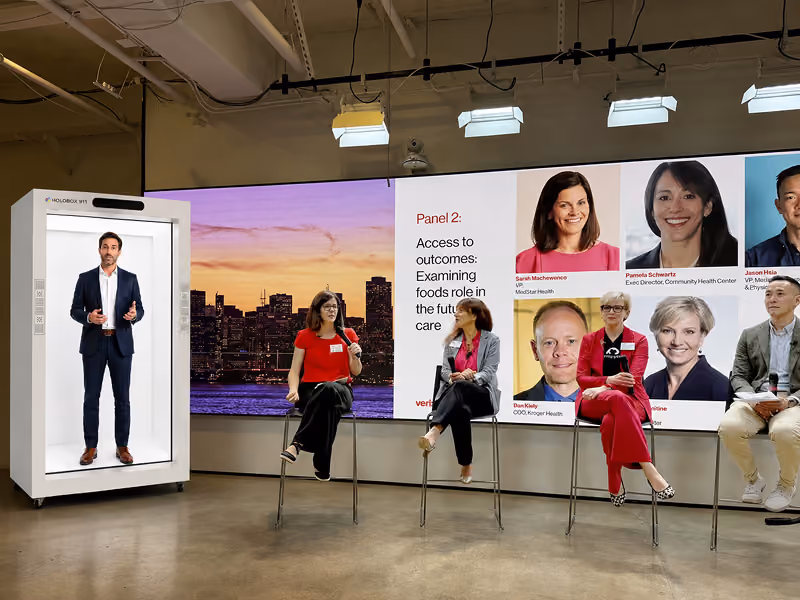 HoloBox holographic display presenting leadership and CEO messages to employees
