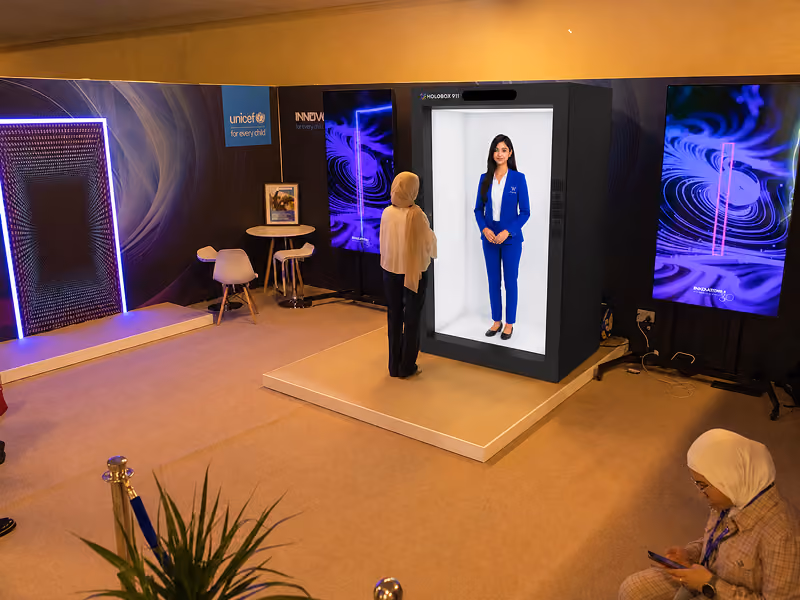 Interactive HoloBox holographic display for employee engagement and corporate events