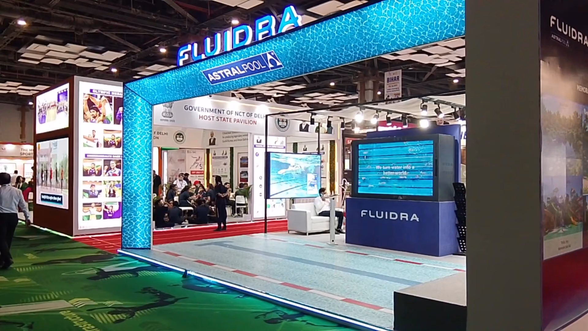 Fluidra AstralPool arch over the stand in Hall 14 at SFI Expo 2026