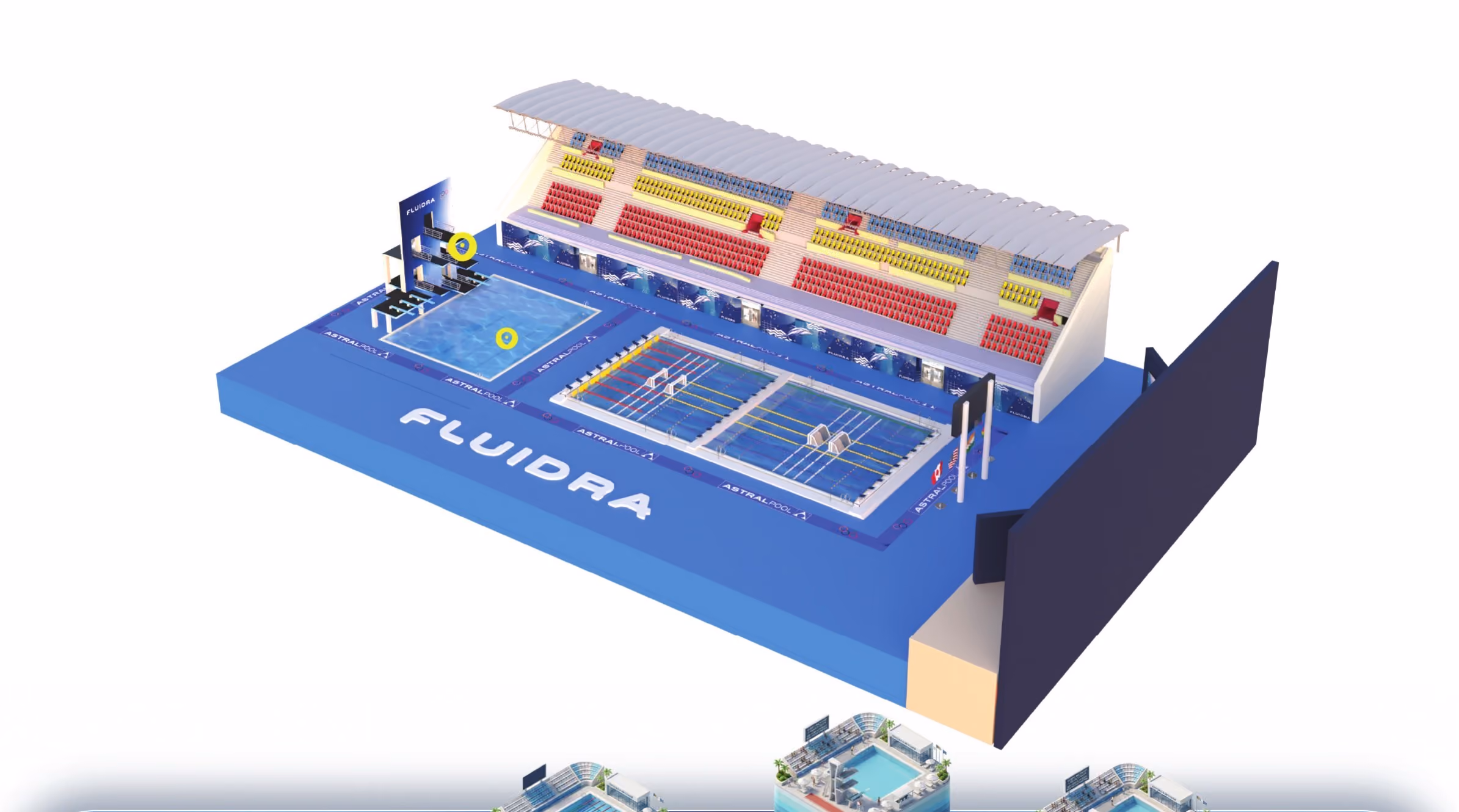Fluidra diving pool world with grandstand, built in 3D for the HoloBox911