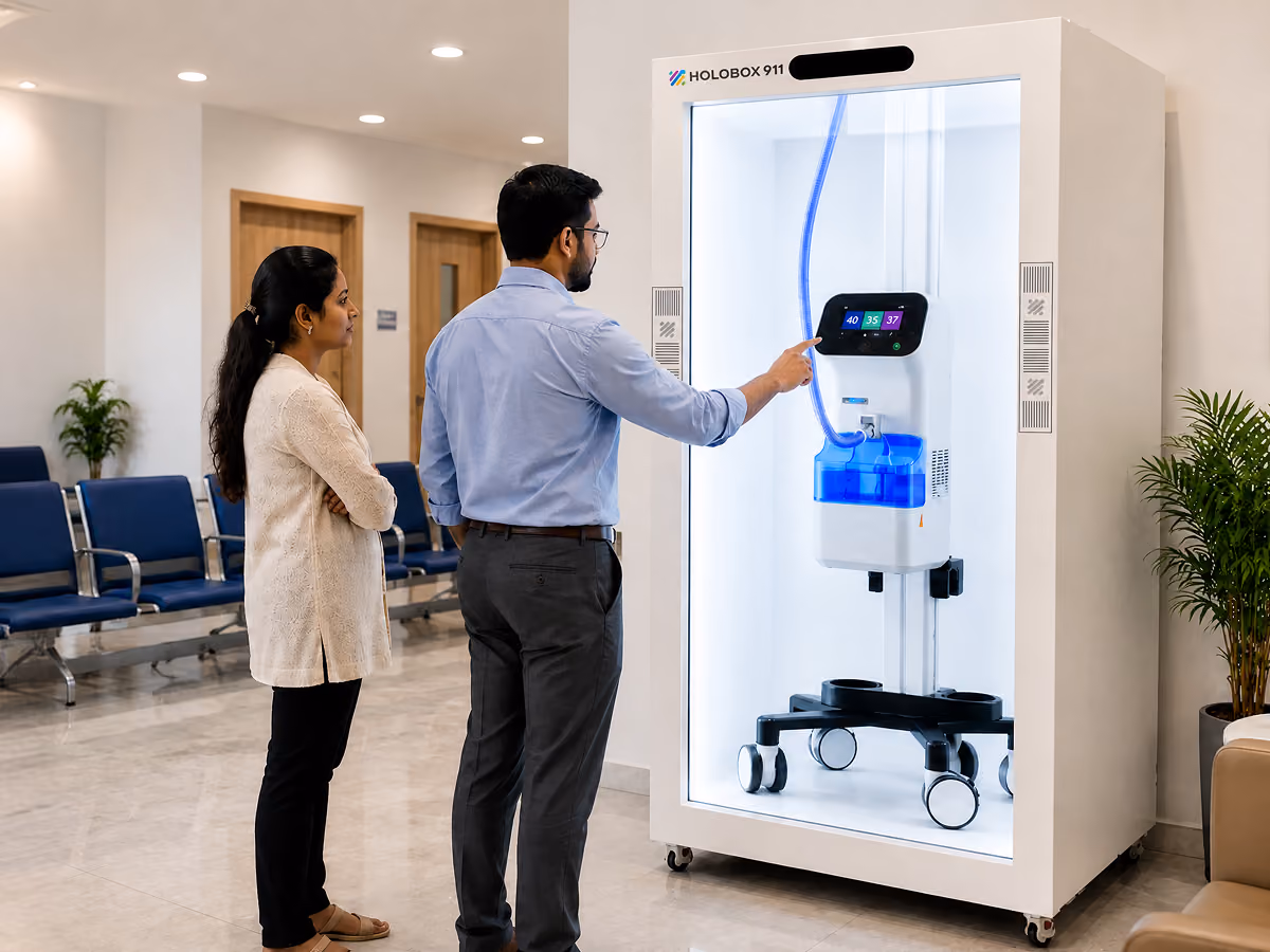 HoloBox 3D hologram display showcasing a healthcare professional in a medical environment
