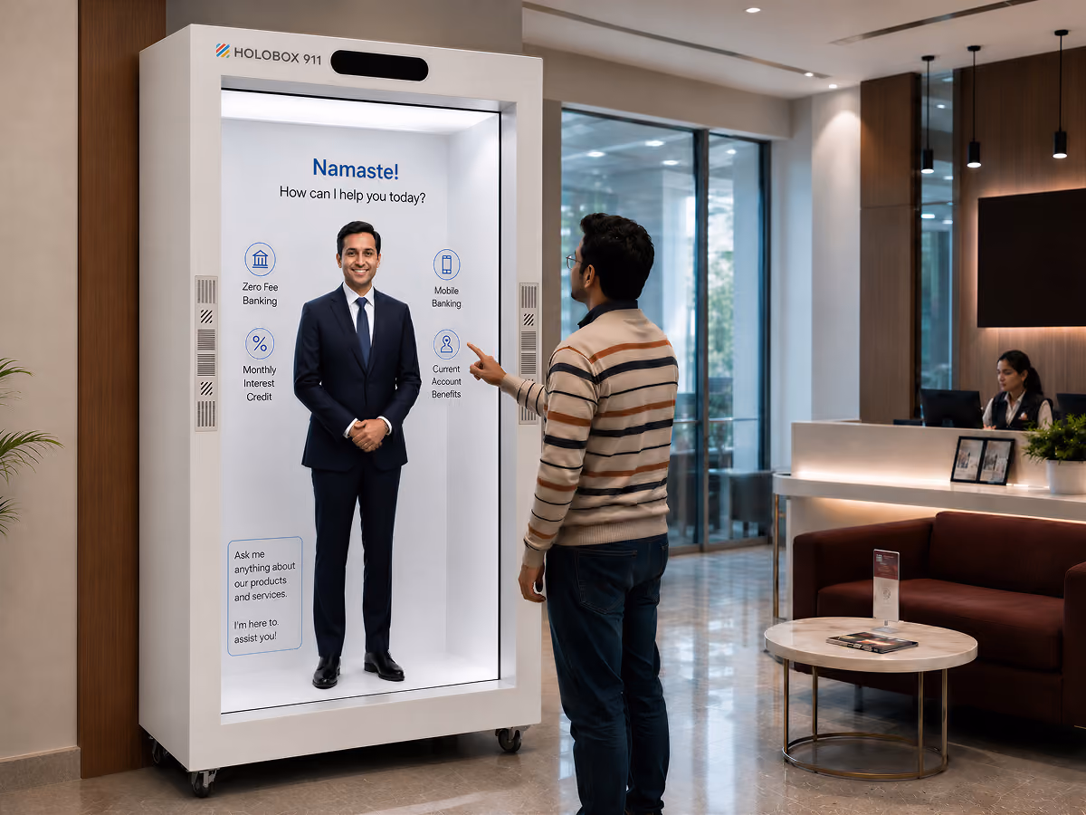 HoloBox hologram display featuring a virtual banking representative in a financial environment