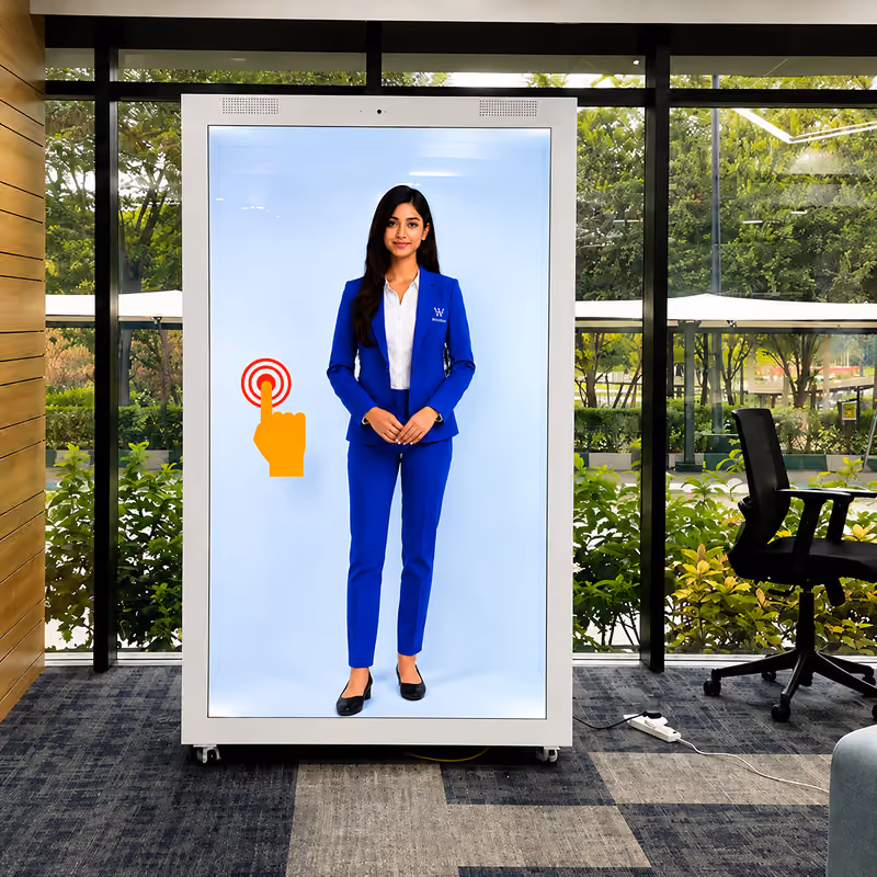 AI avatar experience presented through the HoloBox911 holographic display.