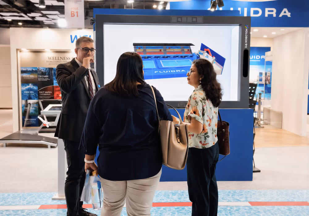Visitors exploring a 3D holographic experience inside a retail showroom