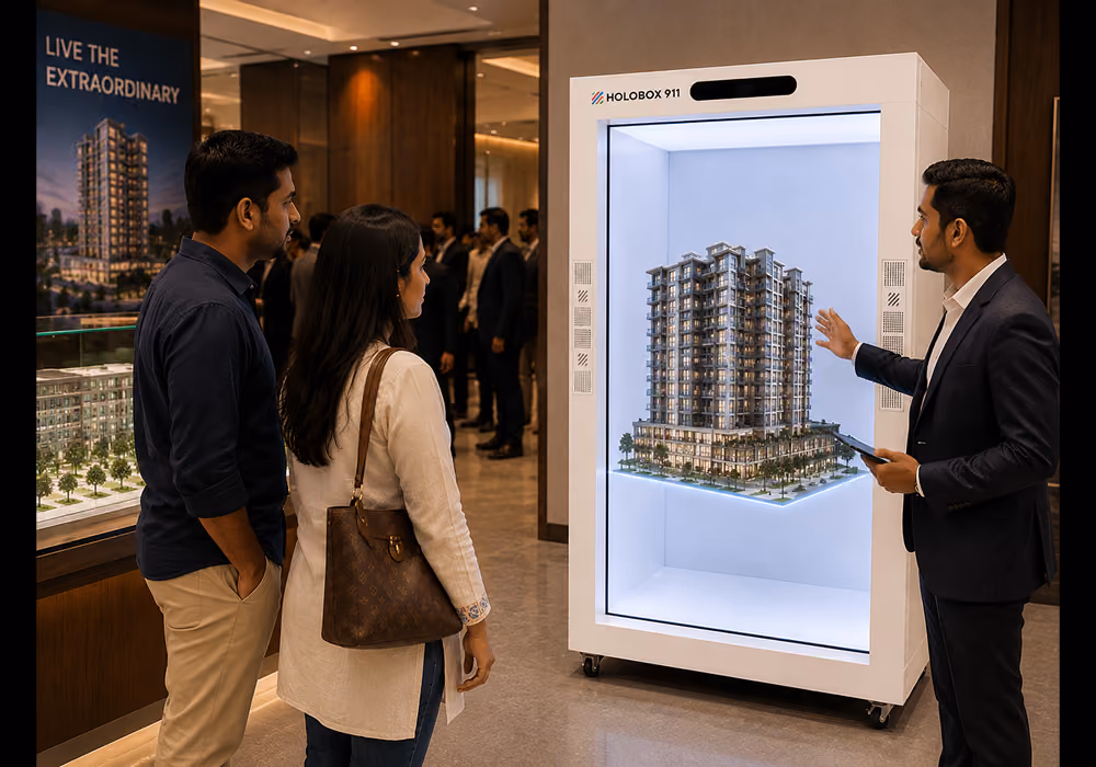 HoloBox 3D hologram display showcasing a property model for a real estate presentation