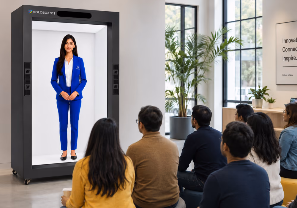 Audience interacting with a life-size holographic presenter through an interactive HoloBox display