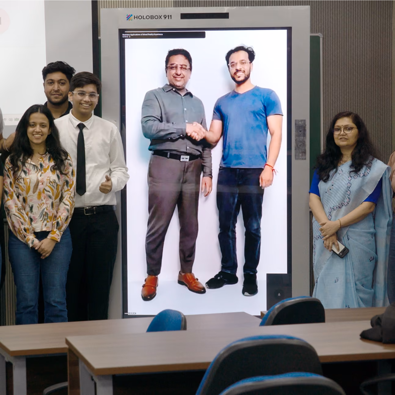 Two remote speakers appearing together in HoloBox911 at IMT Ghaziabad