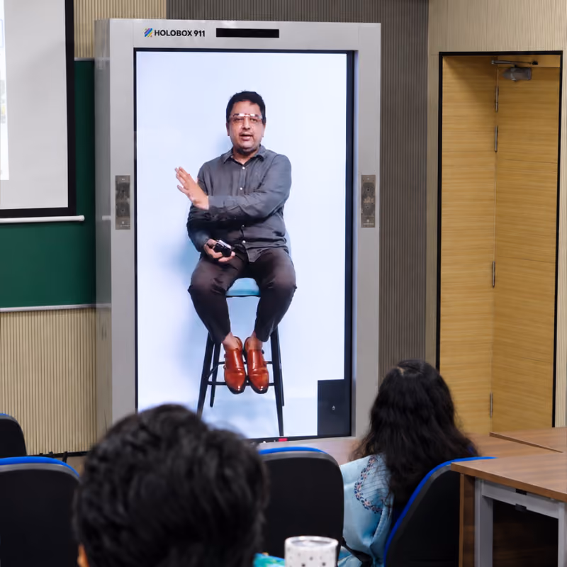 Life-size holographic speaker demonstration using HoloBox911 at IMT Ghaziabad