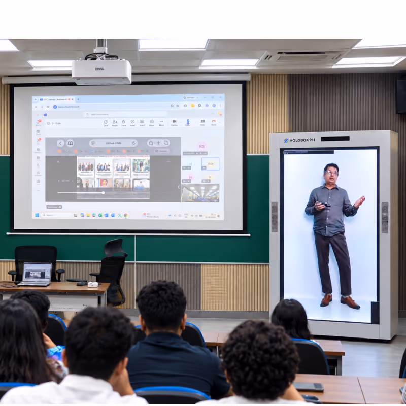 HoloBox911 interactive learning session with remote speaker at IMT Ghaziabad