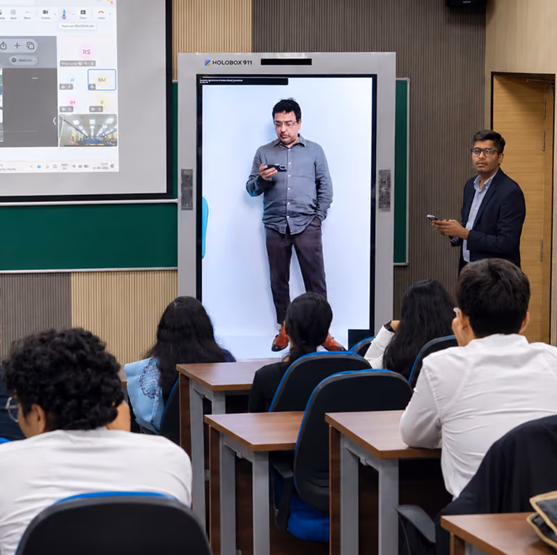 Remote faculty expert appearing in HoloBox911 classroom at IMT Ghaziabad