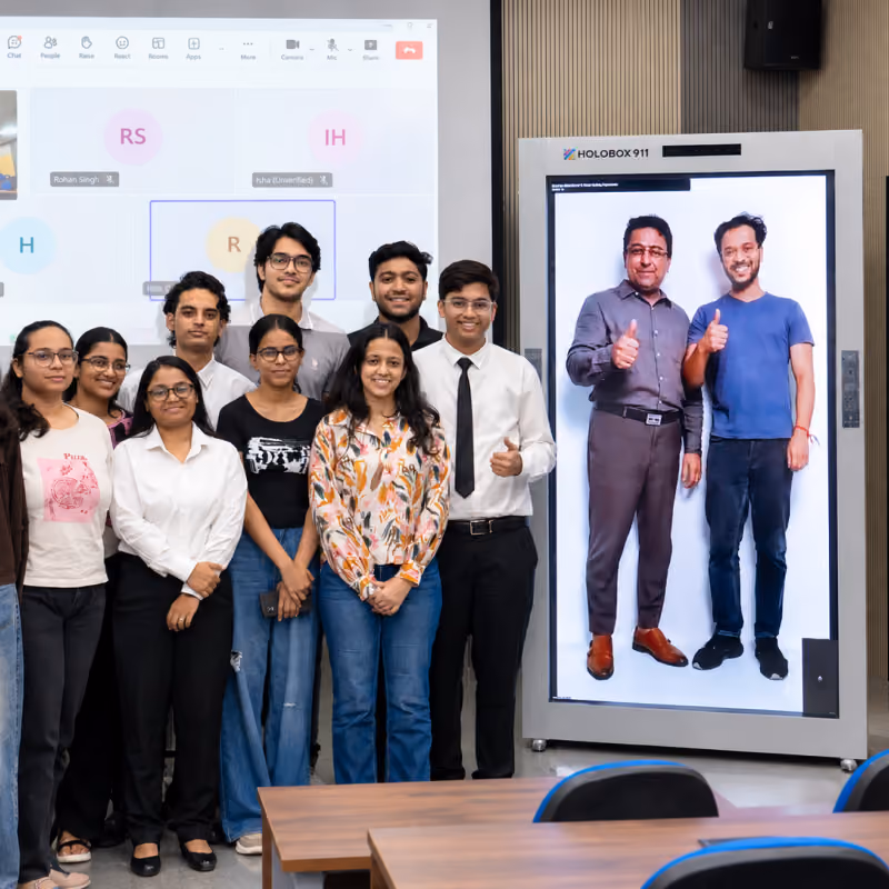 IMT Ghaziabad students interacting with life-size HoloBox911 speakers