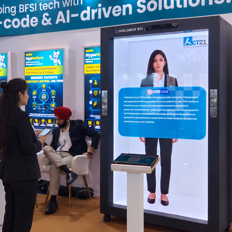 Visitor interacting with a life-size AI digital presenter displayed on HoloBox911 at ACT21