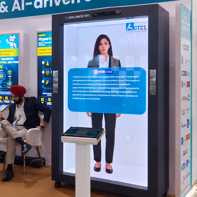 HoloBox911 presenting AI technology through a life-size digital presenter at ACT21