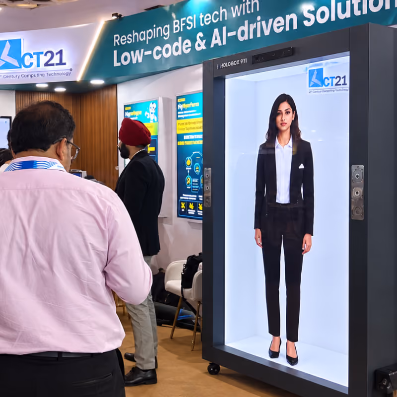 HoloBox911 displaying a life-size digital presenter at ACT21 exhibition