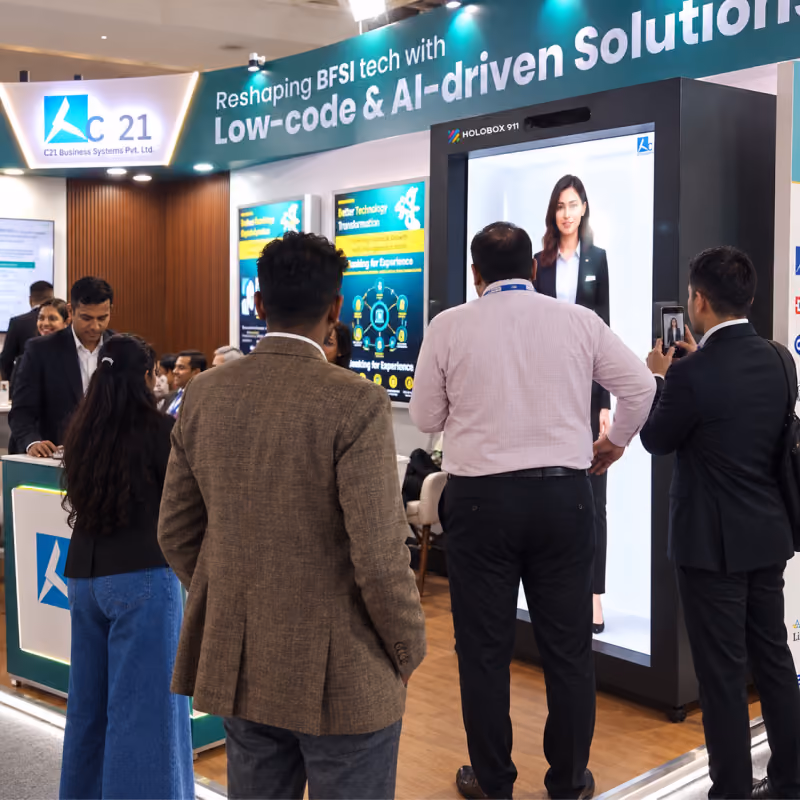 Visitor interacting with a life-size AI digital presenter displayed on HoloBox911 at ACT21