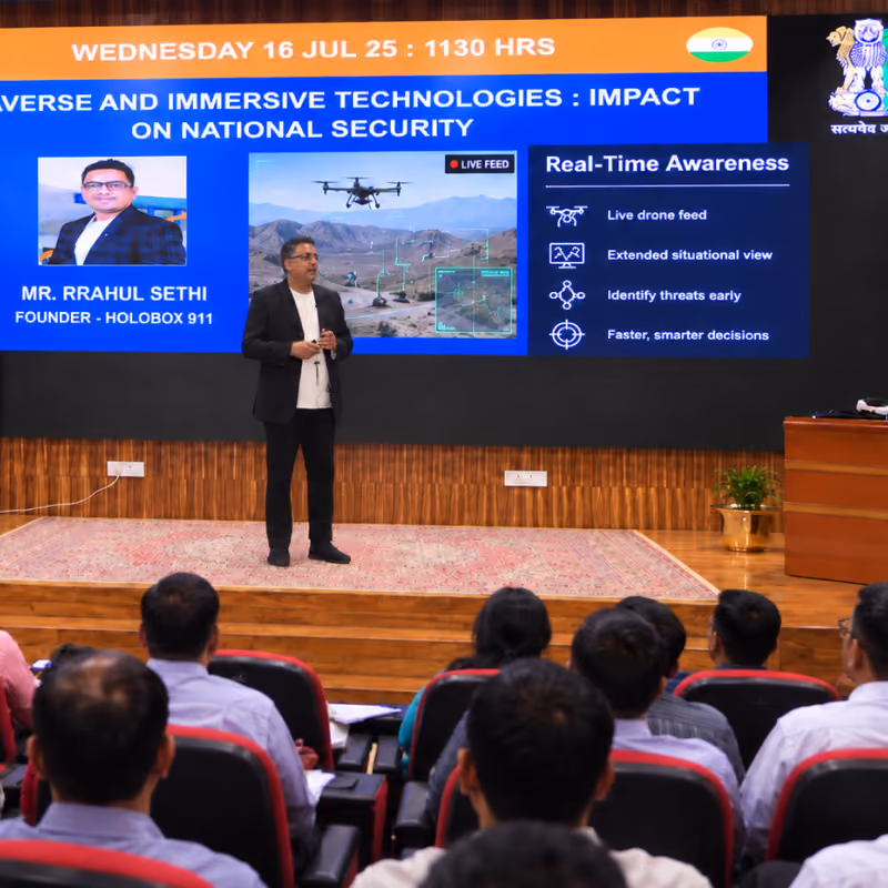 IMT Ghaziabad students interacting with life-size HoloBox911 speakers