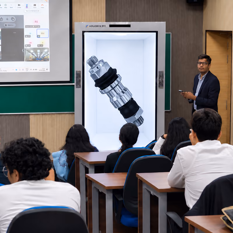 Life-size holographic instructor delivering immersive training through a HoloBox