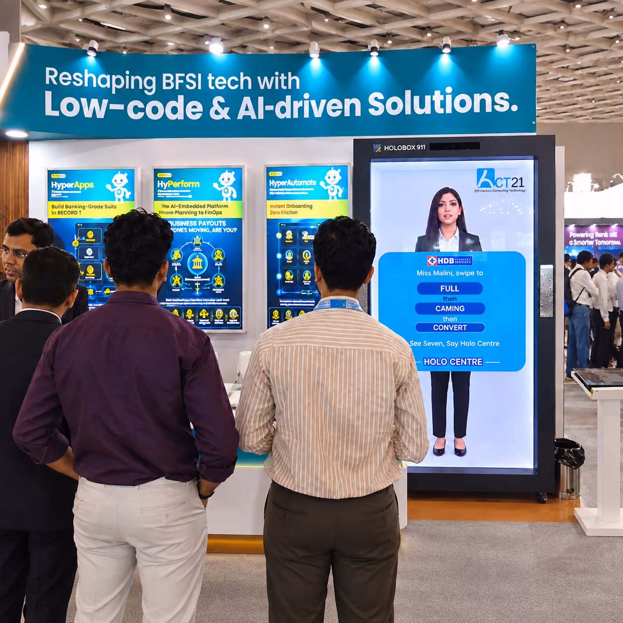 HoloBox911 conversational AI avatar interacting with visitors at an exhibition