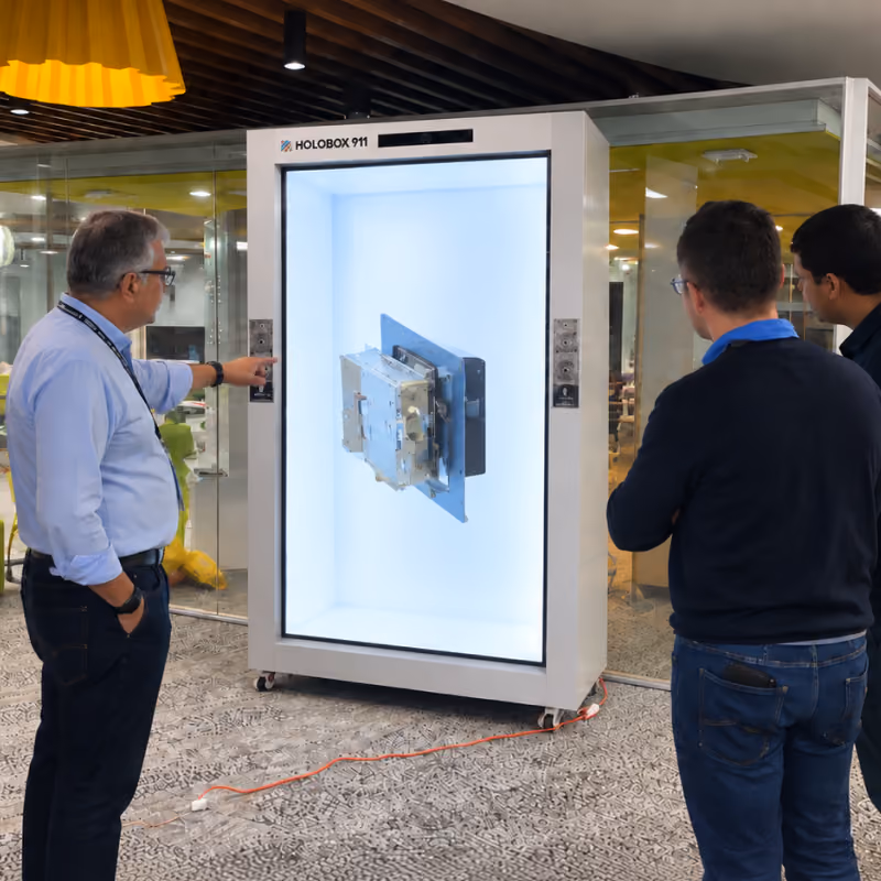 HoloBox911 3D hologram display demonstrating a digital product in a corporate office