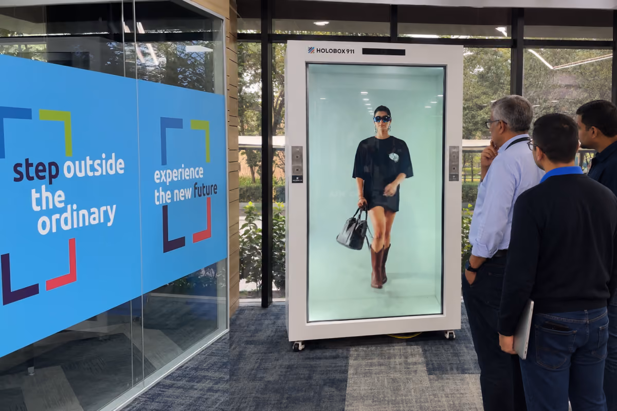 AI brand avatar displayed on HoloBox911 for visitors in a corporate experience center