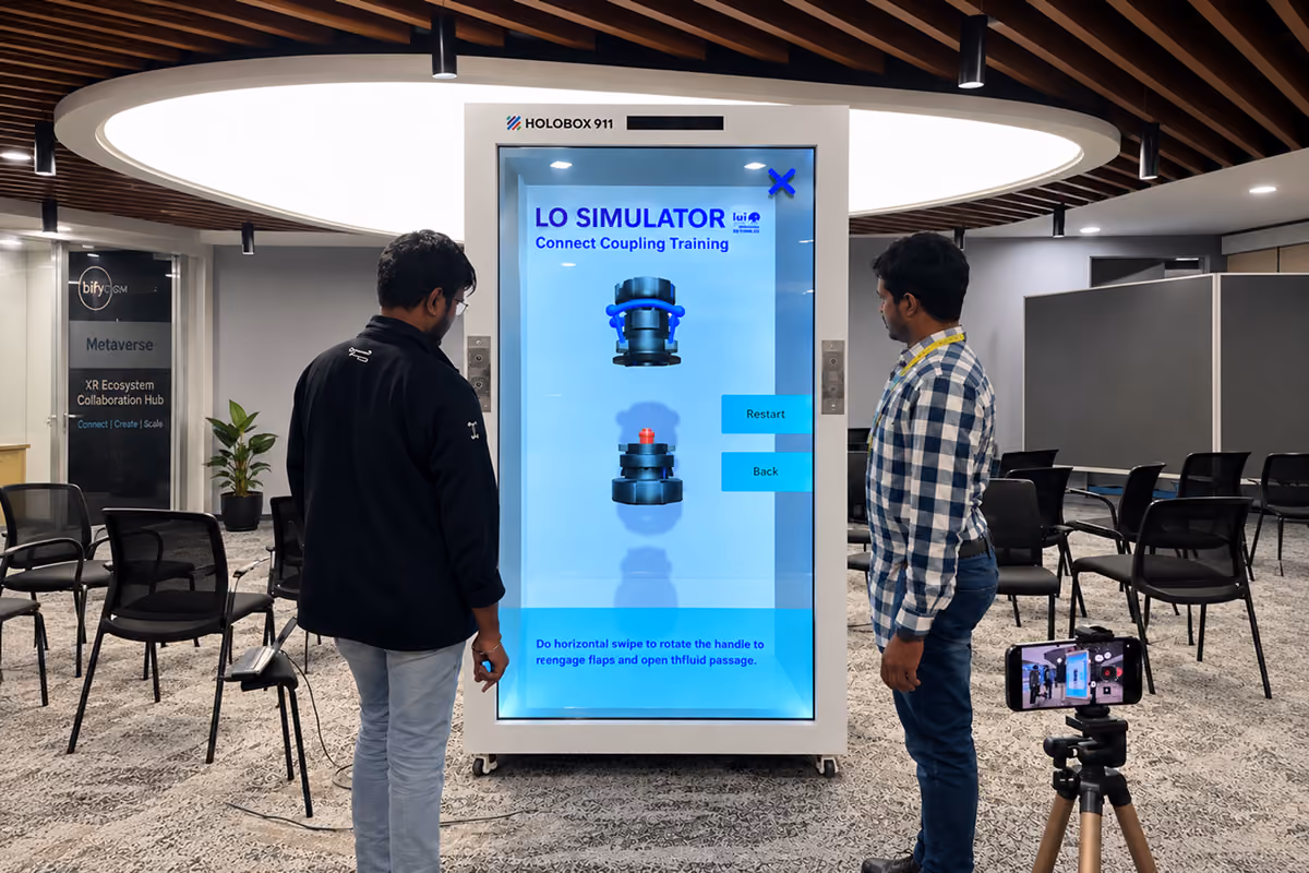Interactive HoloBox911 training simulation demonstrated in a corporate experience center